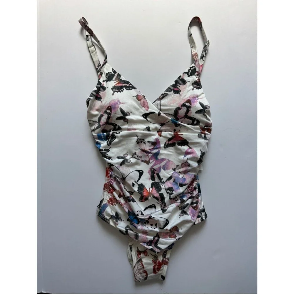 DKNY Butterfly Print One Piece Swimsuit Tummy Control Surplice Size 6 NWT - Picture 2 of 5
